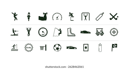 Vector collection of games and sports icons representing various athletic activities, gaming symbols, competition graphics, and fitness-related illustrations for digital and print use