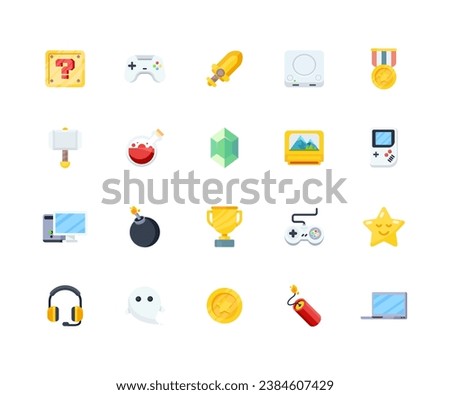 Vector collection of gaming icons, with gamepad, golden star, controller, pc, laptop, console and other elements