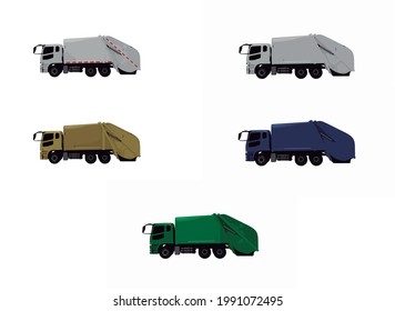 Vector collection of garbage trucks with different colors.
