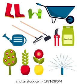 Vector collection of garden tools and plants. Rake, wheelbarrow, watering can, pruner, fertilizer package, boots, gloves, sprinkler, potted flowers, tree. Gardening concept