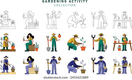 VECTOR COLLECTION OF GARDENING ACTIVITIES AND EQUIPMENT, GARDENING SET, FLAT CHARACTER, ELEMENT DESIGN