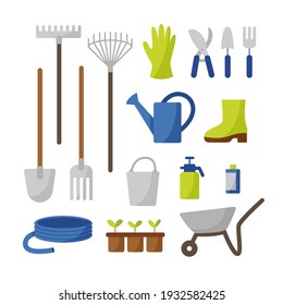 Vector collection of gardening tools in flat style isolated on a white background. Garden work. Farming set