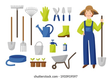 Vector collection of gardening tools in flat style isolated on a white background. A girl gardener in a hat and overalls stands with a shovel. Garden work. Farming set.