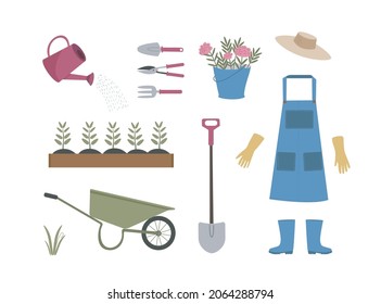 Colección vectorial de herramientas de jardinería en estilo plano aisladas en un fondo blanco. Un jardinero con un sombrero y un overol se para con una pala. Trabajos de jardín. Conjunto de agricultura.