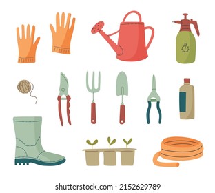 Vector collection of gardening tools isolated on a white background. Garden work. Farming set. Vector flat illustration.