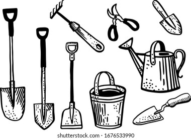 Vector collection of gardening tools. Spring cares in the garden. Rake, shovels, Watering Can, pruner, bailer in hand drawn doodle style isolated on white background. Vector outline stock illustration
