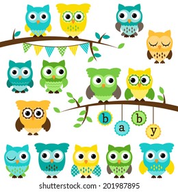 Vector Collection of Gender Neutral Baby Shower Themed Owls and Branches