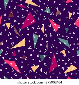 Vector collection of geometric hand-drawn design elements. Seamless pattern with hand-drawn triangles on dark blue background. Seamless pattern can be used for textile, wallpaper, wrapping paper, web