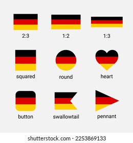 Vector collection of German flags in different shapes and ratio. Germany flag high quality set