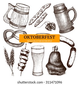 Vector collection of German traditional food in retro style for Oktoberfest. Vintage sketch set of  ink hand drawn food illustration isolated on white. 