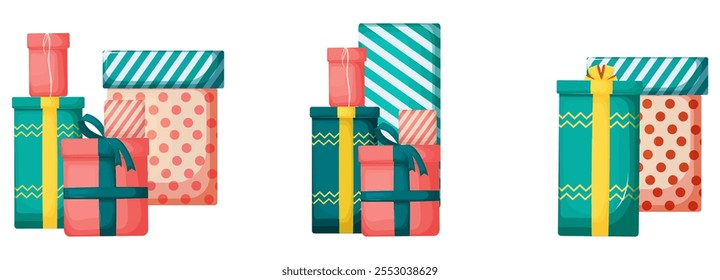 Vector Collection of gift boxes of different sizes and shapes, decorated with ribbons and patterns. This design is suitable for holiday cards, advertising banners or themed designs