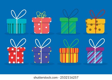 Vector collection of gift elements for Christmas gifts, birthday gifts. with star patterns, red dots and Christmas patterns. with a ribbon tie the gift. for design elements for Christmas and winter 