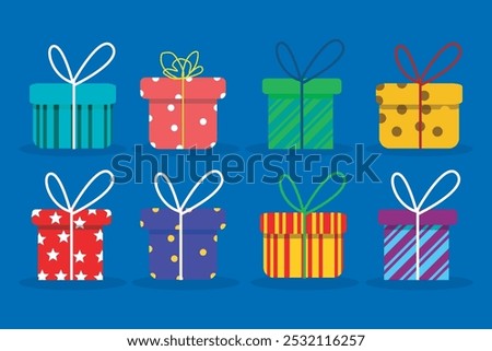 Vector collection of gift elements for Christmas gifts, birthday gifts. with star patterns, red dots and Christmas patterns. with a ribbon tie the gift. for design elements for Christmas and winter 
