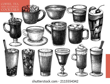 Vector collection of glassware with hot drinks. Hand-sketched tea, mulled wine, coffee, hot chocolate glasses, mugs, cups. Popular beverages illustrations for brands, bar menu, packaging, web. 