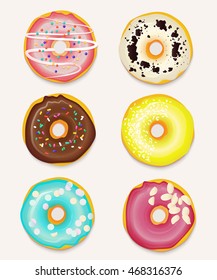 Vector collection of glazed colored donut in a realistic style. Pretty pastries background with chocolate, pink and banana color glace doughnut.