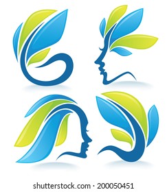vector collection of glossy bright leaves frames and beauty woman faces