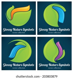 vector collection of glossy bright spring leaf forms and symbols on dark background