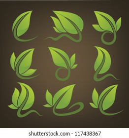 vector collection of glossy leaf signs and symbols on dark brown background