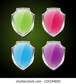 Vector collection of glossy shields with silver steel borders