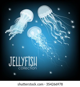 Vector collection of glowing jellyfish on dark background