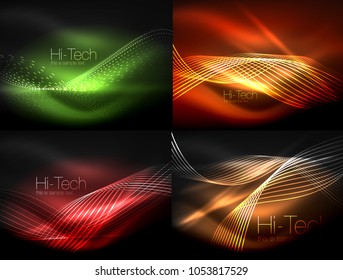 Colección vectorial de formas de neón brillante en fondo oscuro abstracto. Ilustración tecnológica digital