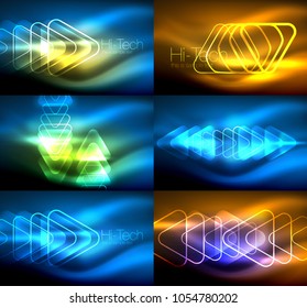 Vector collection of glowing neon shapes in dark abstract backgrounds. Digital techno illustration