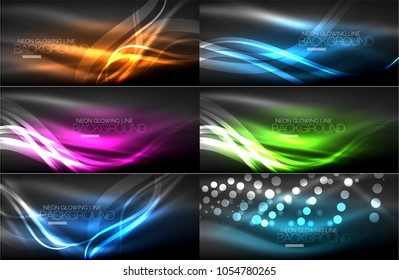 Coleção de vetores de formas de néon brilhantes em fundos abstratos escuros. Ilustração do techno digital