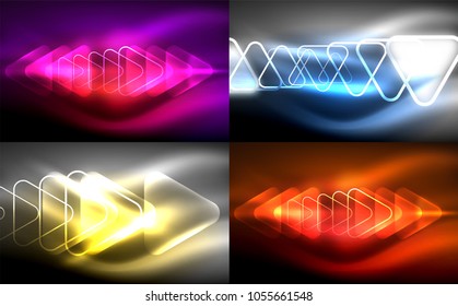 Vector collection of glowing neon shapes in dark abstract backgrounds. Digital techno illustration