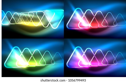Vector collection of glowing neon shapes in dark abstract backgrounds. Digital techno illustration