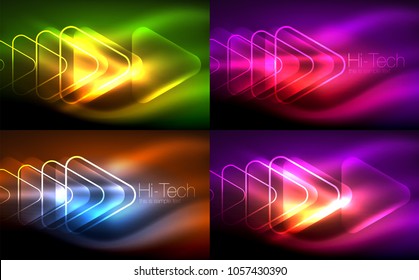 Vector collection of glowing neon shapes in dark abstract backgrounds. Digital techno illustration