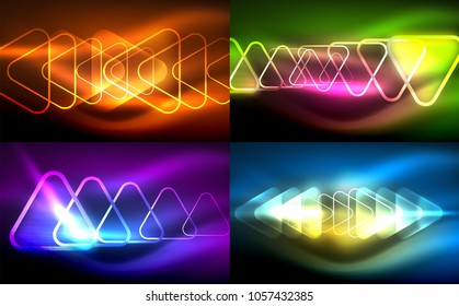 Vektorgrafik leuchtender Neonformen auf dunklen abstrakten Hintergründen. Digitale Techno-Illustration