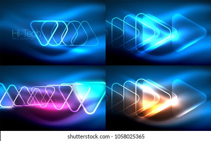 Vector collection of glowing neon shapes in dark abstract backgrounds. Digital techno illustration