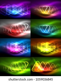 Vector collection of glowing neon shapes in dark abstract backgrounds. Digital techno illustration