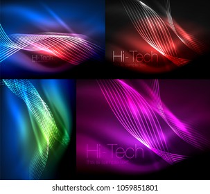 Vector collection of glowing neon shapes in dark abstract backgrounds. Digital techno illustration