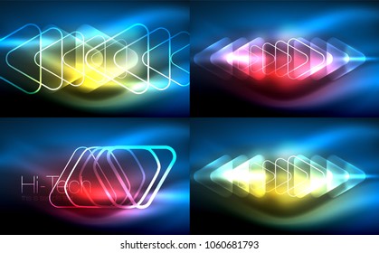 Colección vectorial de formas de neón brillante en fondo oscuro abstracto. Ilustración tecnológica digital