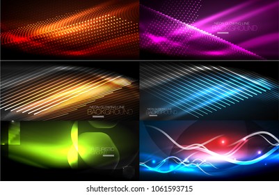 Vector collection of glowing neon shapes in dark abstract backgrounds. Digital techno illustration