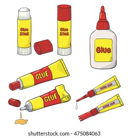 Vector collection of glue tubes, bottle and stick isolated on white. Cartoon Glue set. 