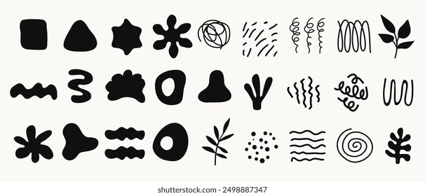A vector collection of glyph abstract shapes, doodles, and plants in a modern contemporary flat design style