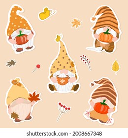 Vector - Collection of Gnome holding maple leaves, pumpkin, a cup of coffee. Autumn (Fall), Thanksgiving season. Clip art. Can be use decorate any card, sticker,  print paper.