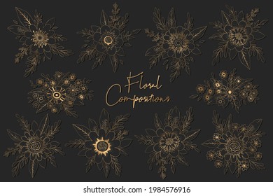 Vector collection of gold floral compositions from hand drawn flowers, leaves and branches isolated on black background. Bouquet design templates for wedding invitation, card, brochure
