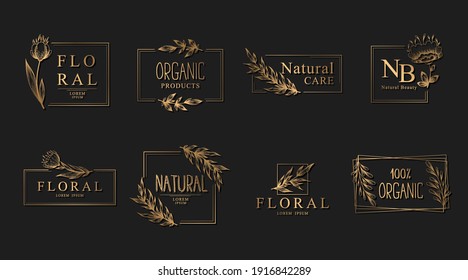Vector collection of gold floral logo or emblem templates with hand drawn branches and flowers isolated on black background. Natural organic design concept with square frames and borders