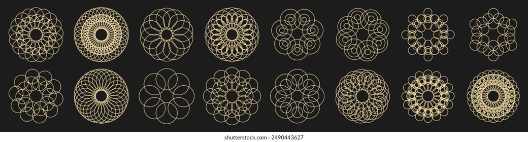 Vector collection of golden geometric shapes on a dark background. Abstract geometric logos. Art deco, hipster, golden line style. Vector EPS 10