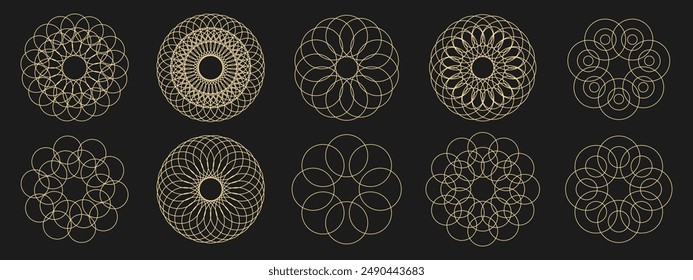 Vector collection of golden geometric shapes on a dark background. Abstract geometric logos. Art deco, hipster, golden line style. Vector EPS 10