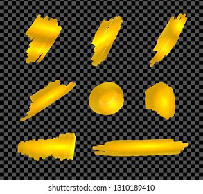 Vector Collection of Golden Marker Strokes Isolated on Dark Transparent Background, Hand Drawn Design Elements.