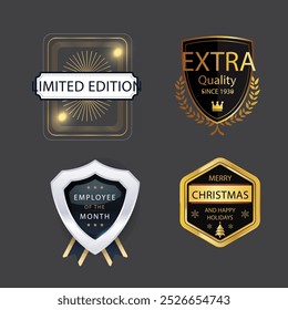 Vector collection of golden and silver badges and labels different shapes 
