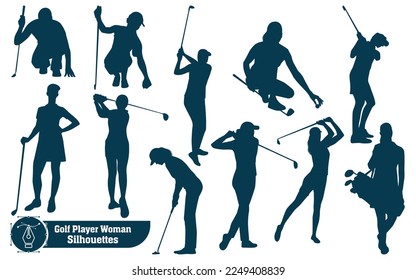 Vector collection of golf player female silhouettes in different poses