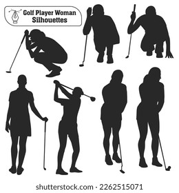 Colección de vectores de siluetas femeninas de jugador de golf en diferentes poses