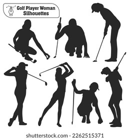 Vector collection of golf player female silhouettes in different poses