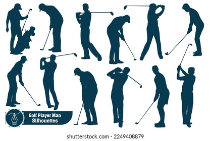 Colección de vectores de siluetas masculinas de jugador de golf en diferentes poses