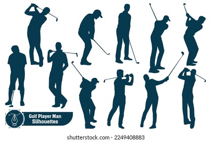 Vector collection of golf player male silhouettes in different poses